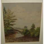 Small gilt framed watercolour depicting river bed scene stone bridge