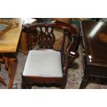 Early 20th C style mahogany corner chair with upholstered seat on ball and claw feet