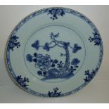 Chinese porcelain blue and white plate with central flower and tree painted design