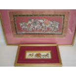 Framed hand-painted Indian panel and small framed panel depicting elephant,