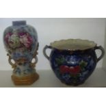 Edwardian urn shaped vase with transfer printed rose pattern and Edwardian transfer printed