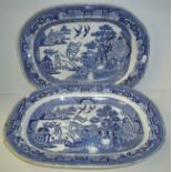 Two Ironstone blue and white meat plates with integral drainer