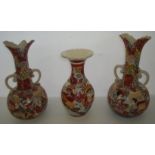 Pair of early 20th C twin handled Satsuma ware vase and matching similar smaller vase