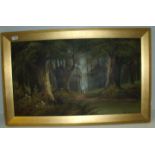 Gilt framed oil on canvas depicting wooded landscape with river to foreground signed G Harris