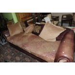 Extremely large quality three seat fabric and leather upholstered sofa with various scatter