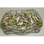 Large Italian Majolica decorative box with hinged lid and heavily embossed top depicting various