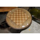 Victorian mahogany inlaid occasional table with inset chess board on turned column and carved