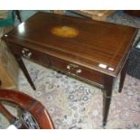Mahogany inlaid two drawer side table on turned supports (width 95cm)