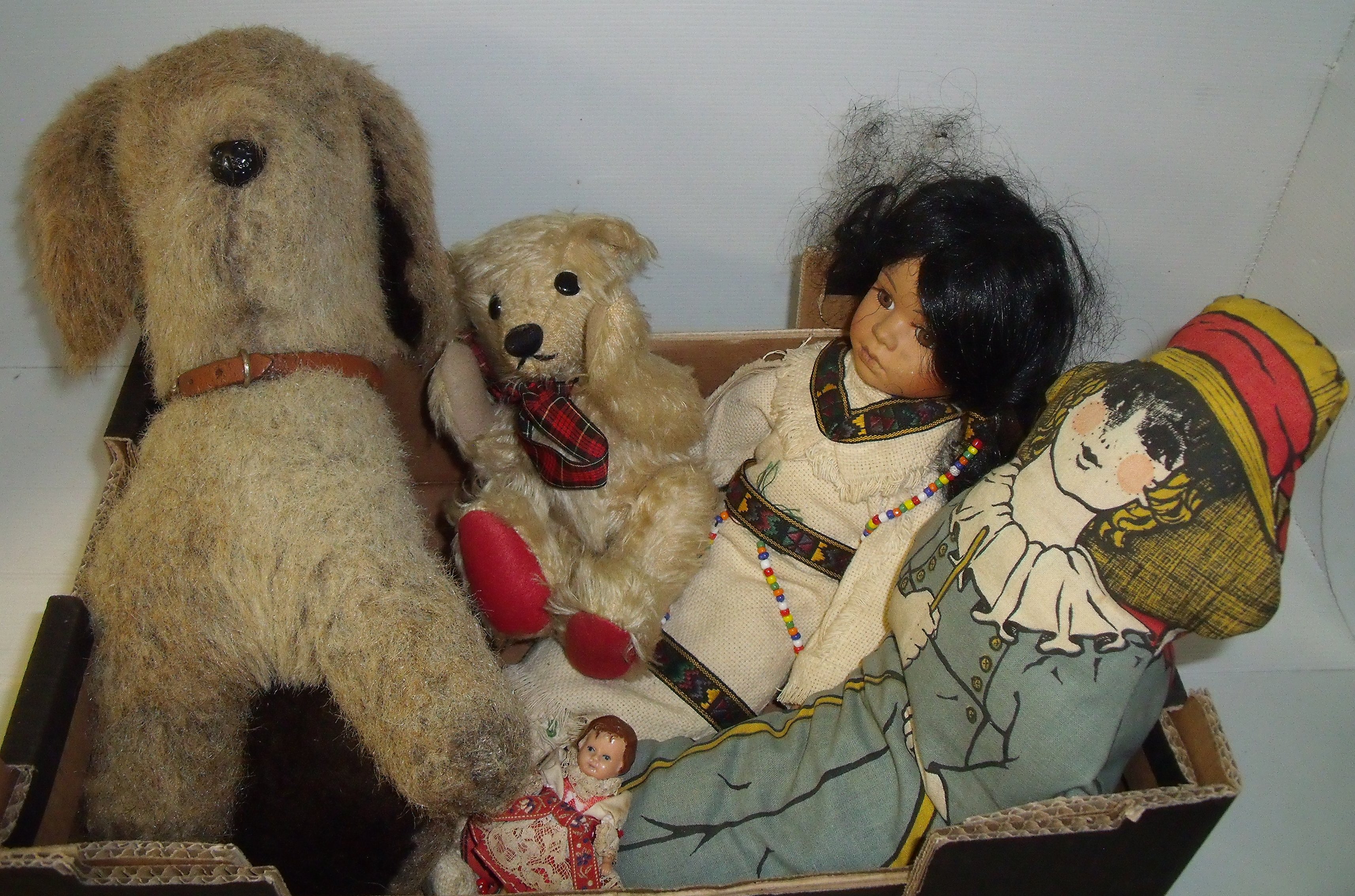 Romsey jointed Teddy bear, 1960s toy dog, bisque head red Indian doll etc.