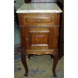 Pair of Victorian style French oak bedside cabinets with multi grained marble tops above singe