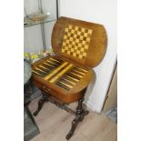 19th C walnut inlaid combination games/sewing table with lift up top revealing inlaid chess,