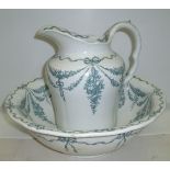 Cauldon green and white water jug and bowl decorated with swags with painted back stamp and