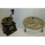 Cast iron coffee grinder and brass trivet