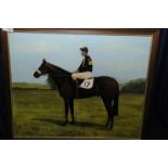 Framed oil on canvas of jockey and horse