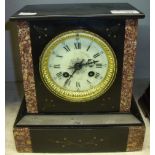 Late Victorian French slate and red marble mantle clock. Two train movement, striking via a count