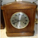 Edwardian inlaid mahogany mantle clock with silvered dial and Roman numerals, continental two