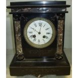 Victorian black slate and marble mantel clock with stepped cornice above marble Corinthian style