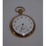 Gold plated gents open faced pocket watch with secondary dial, with winding top action, the screw