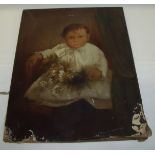 Early oil on canvas depicting small child holding flowers in portrait style setting (31cm x 38.