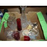 Box of assorted glassware including a cut glass decanter, vase, dressing table pot,