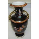 Large urn shaped vase with gilt rams head handles Greek key border and painted classical scenes