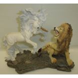 C S Lewis figure group depicting Aslan and Peters unicorn in battle on rocky base