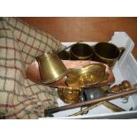 Three graduating brass grain tankards,companion set, brass dishes ,