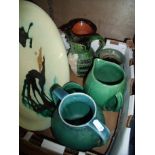 Box of assorted studio pottery including jugs, bowls Devon Pottery, Barnstaple etc.