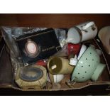 Box of assorted tins, enamel ware, Black Magic card chocolate box, boot stretchers,