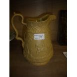 Jones and Walley Buff jug with relief moulded design depicting classical scenes and palm trees with