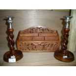 Pair of pak barley twist candlesticks and a wooden fret work letter rack