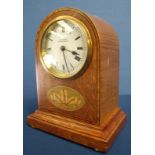 Oak inlaid domed topped mantel clock wit