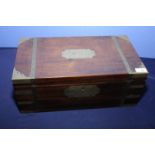 19th C mahogany and brass bound travelling writing slope with fitted interior and side drawer with