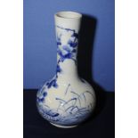 Japanese blue and white bottle neck vase depicting various foliage with nine digit signature panel