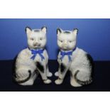 Pair of 18th C English ceramic seated cats with free standing front paws and blue neck bows (22cm