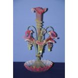 Victorian cranberry and vaseline glass six branch epergne with large central ribbed trumpet vase,