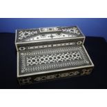 Large late 19th C Anglo Indian Sadeli work ivory inlaid travelling writing box with twin carrying