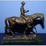 Contemporary bronze figure of western quarter horse and rider mounted on rectangular marble plinth