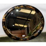 1920s oval bevel edged wall mirror with Chinese chinoiserie frame with various landscape scenes and