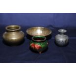 Small Oriental Cloisionne bowl on three raised supports depicting fish, Middle Eastern copper pot,