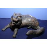 Large 19th C oriental root carving of a tiger with inset glass eyes (32cm high)