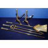 Elaborate 19th C brass fire companion set comprising of fire dogs, tongs,