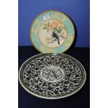 20th C Studio style plate with central panel depicting birds on branches with border of wave type