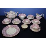 Selection of 19th C Sunderland pink lustre including tea cups and saucers, tea pot,