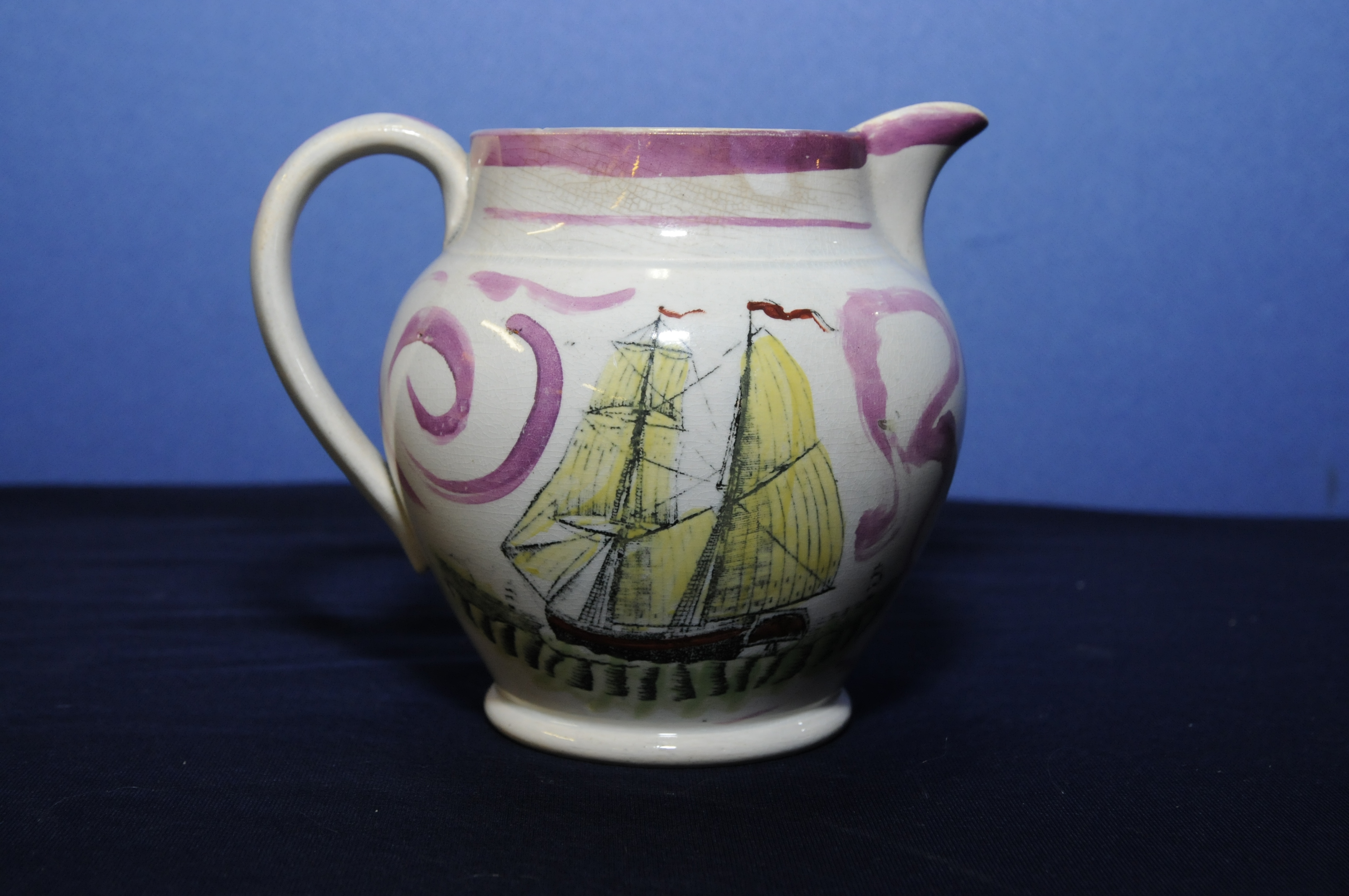 19th C Sunderland lustre jug (12cm high) with shipping scene and seafaring ditty (small chip to - Image 2 of 2