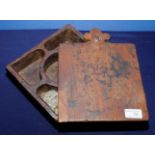 Hardwood spice box of square form with slide cover and wrought metal pin and Fleur-de-lis shaped