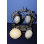 Australian silver plated table centre piece display with decorated twin hanging emu eggs with