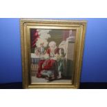 Gilt framed wool work tapestry depicting old man and girl