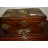 Edwardian oak table box with brass mounts and slide open top revealing two compartments with single