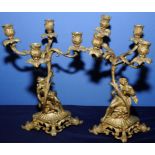 Pair of 19th C bronze gilt work four branch candelabra,